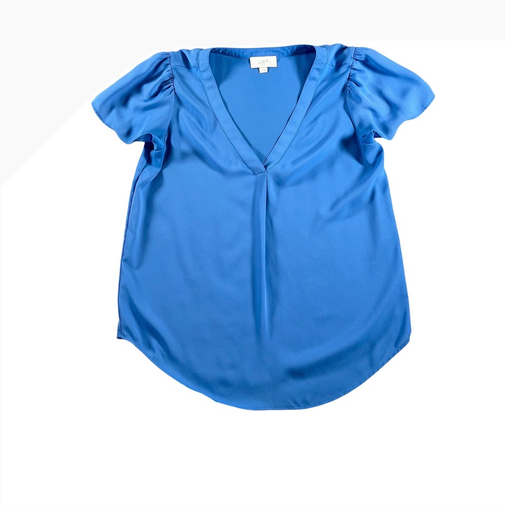 LOFT Outlet Womens Size XS Blue V-Neck Short Sleeve Puff Shoulder Blouse